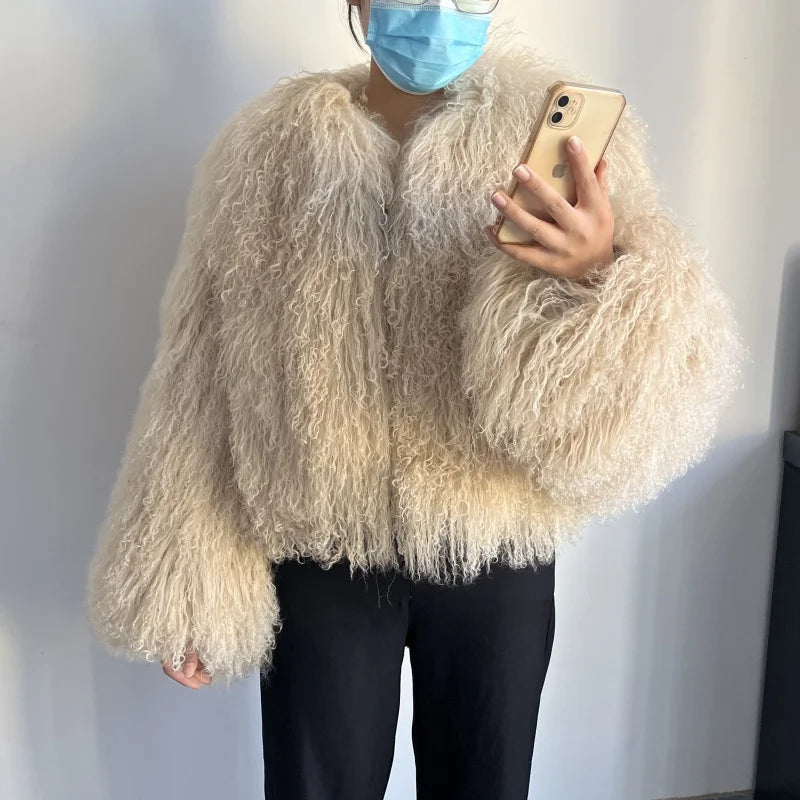 BEIZIRU Women's Real Fur Jacket Winter Autumn Fashion Mongolia Sheep Coat Warm Stylish Outerwear for Ladies
