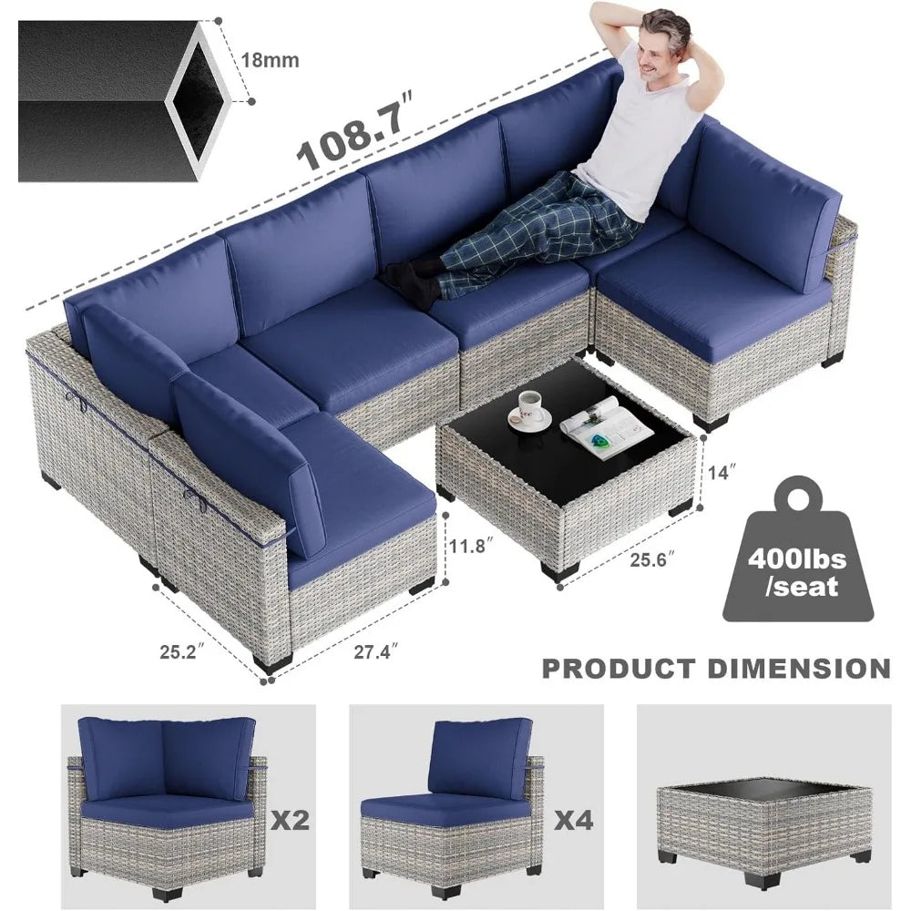 7-Piece Patio Furniture Set, Outdoor Patio Furniture with Thick Cushions, Modular Patio Sofa, Dual-Strand Wicker Rattan
