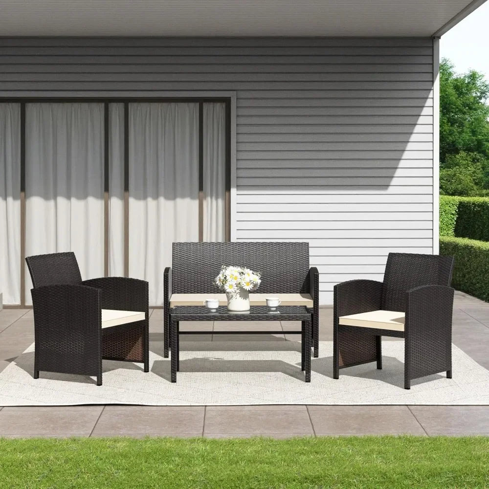 4 Pieces Patio Conversation Set Outdoor Rattan Patio Furniture Set Wicker Chairs with Soft Cushion and Glass Table for Pa