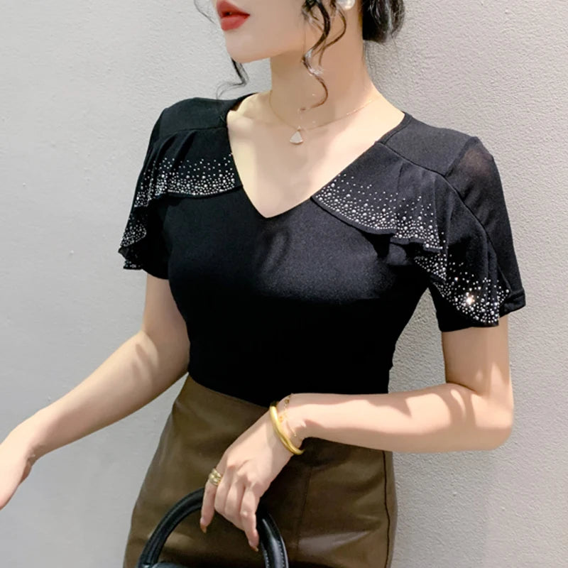 2025 Spring Summer Mesh Tops Korean Fashion Round Neck Patchwork Lotus Leaf Ruffles Shirt Hot Diamond Women T Shirt