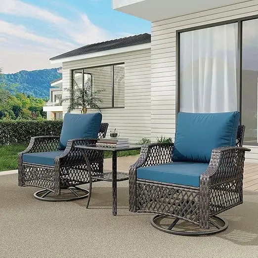 3 Piece Outdoor Swivel Chair Set, Wicker Patio Bistro Set with Thickened 25D Cushions and Glass Coffee Table, Patio Furniture C