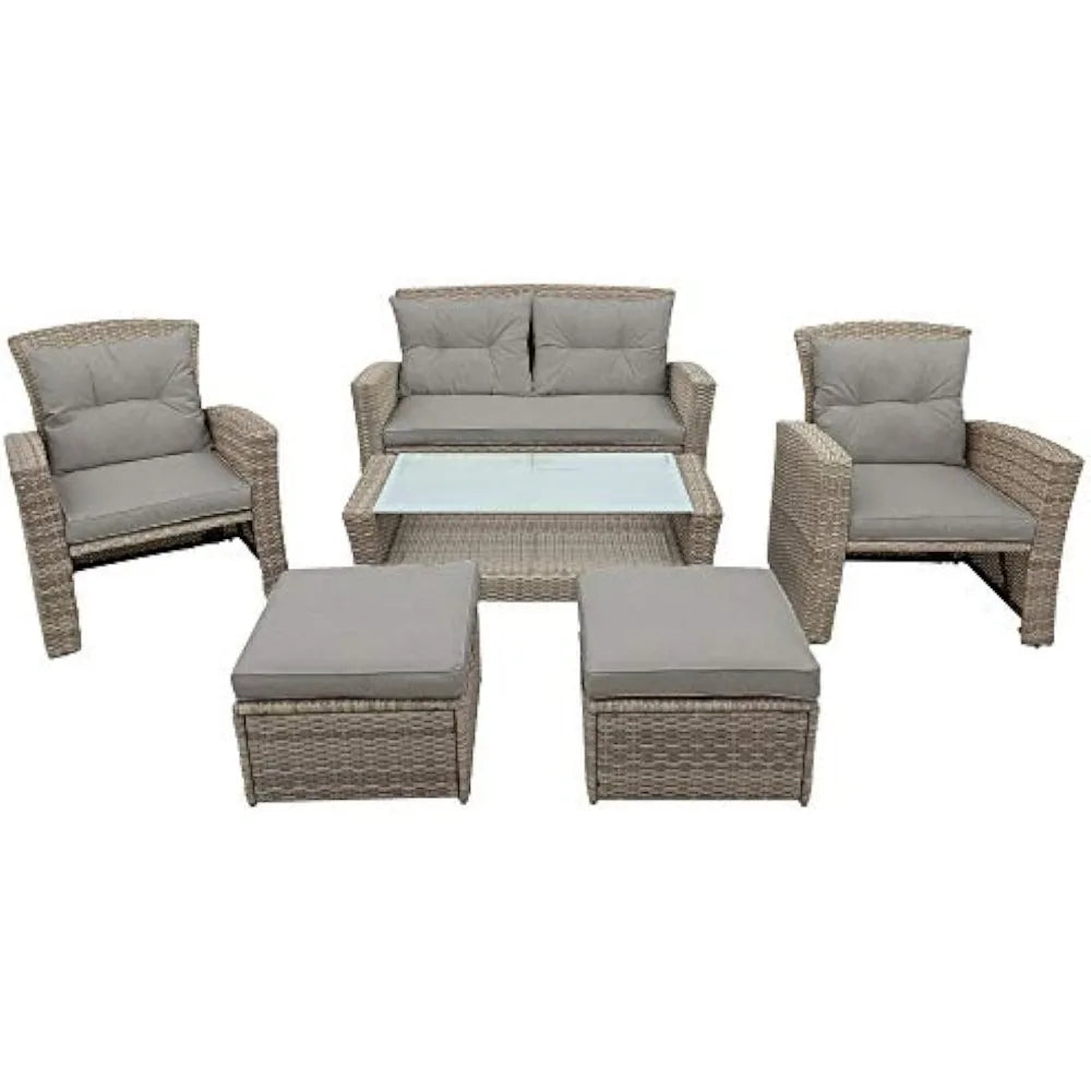 4 Pieces Patio Furniture Sets, Wicker Rattan Furniture with Glass Coffee Table & Two Ottomans, Outdoor Sectional Patio Conversat