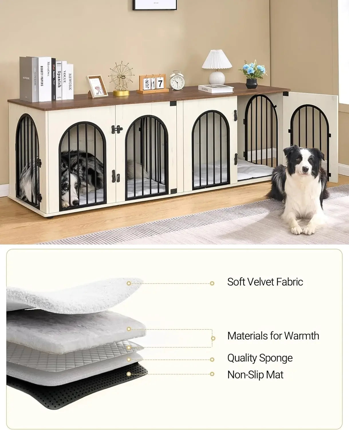 Dog Crate Furniture, 71" Heavy Duty Dog Kennels with Divider, Pads, Side Table, TV Cabinet,Anti-Chew Anti-Escape, White Brown