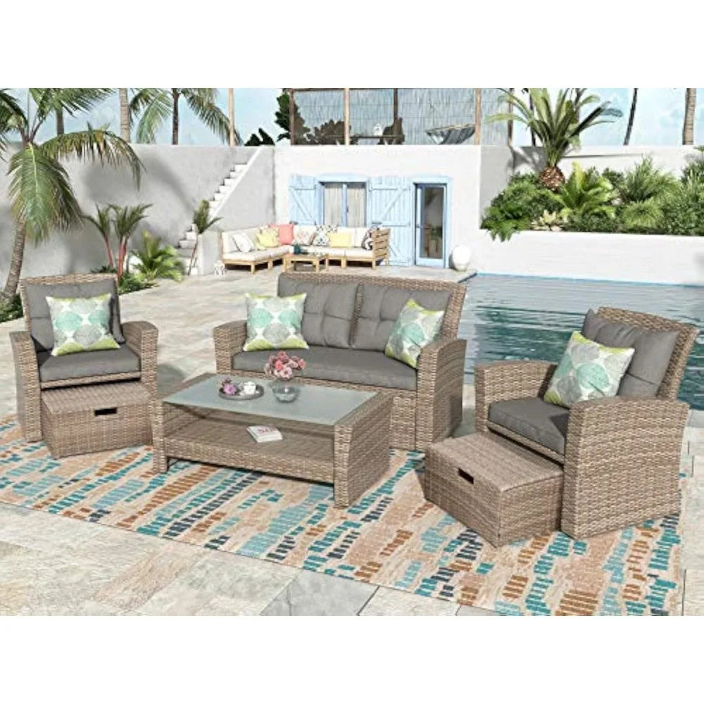 4 Pieces Patio Furniture Sets, Wicker Rattan Furniture with Glass Coffee Table & Two Ottomans, Outdoor Sectional Patio Conversat