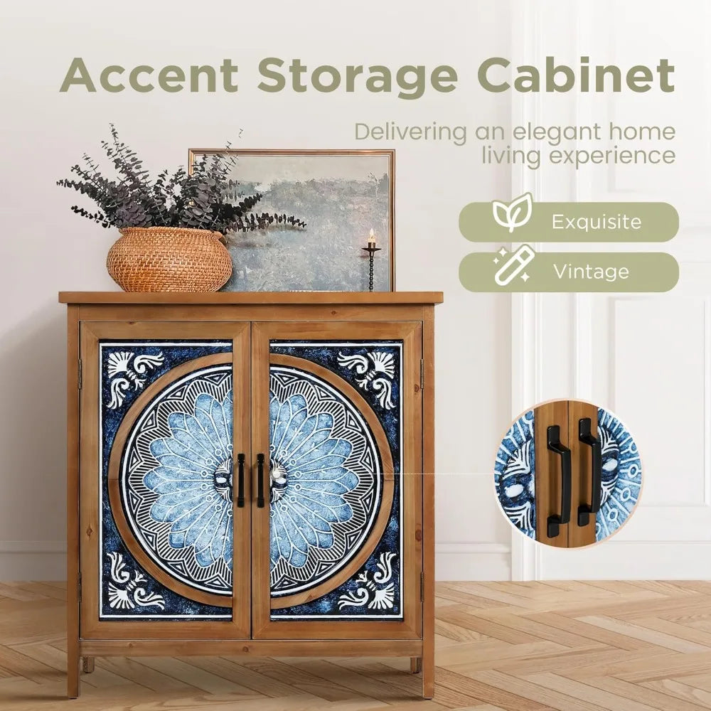 Popular 2-Door Accent Cabinet, Distressed Storage Cabinet with Blue and White Porcelain Pattern for Entryway Living Room
