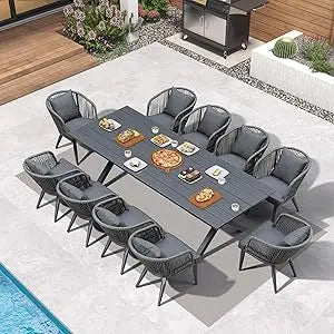 11 Pieces Patio Dining Set Wicker Outdoor Furniture Rectangular Table and Chairs Set for Garden Deck Teak-Finish Aluminum Frame