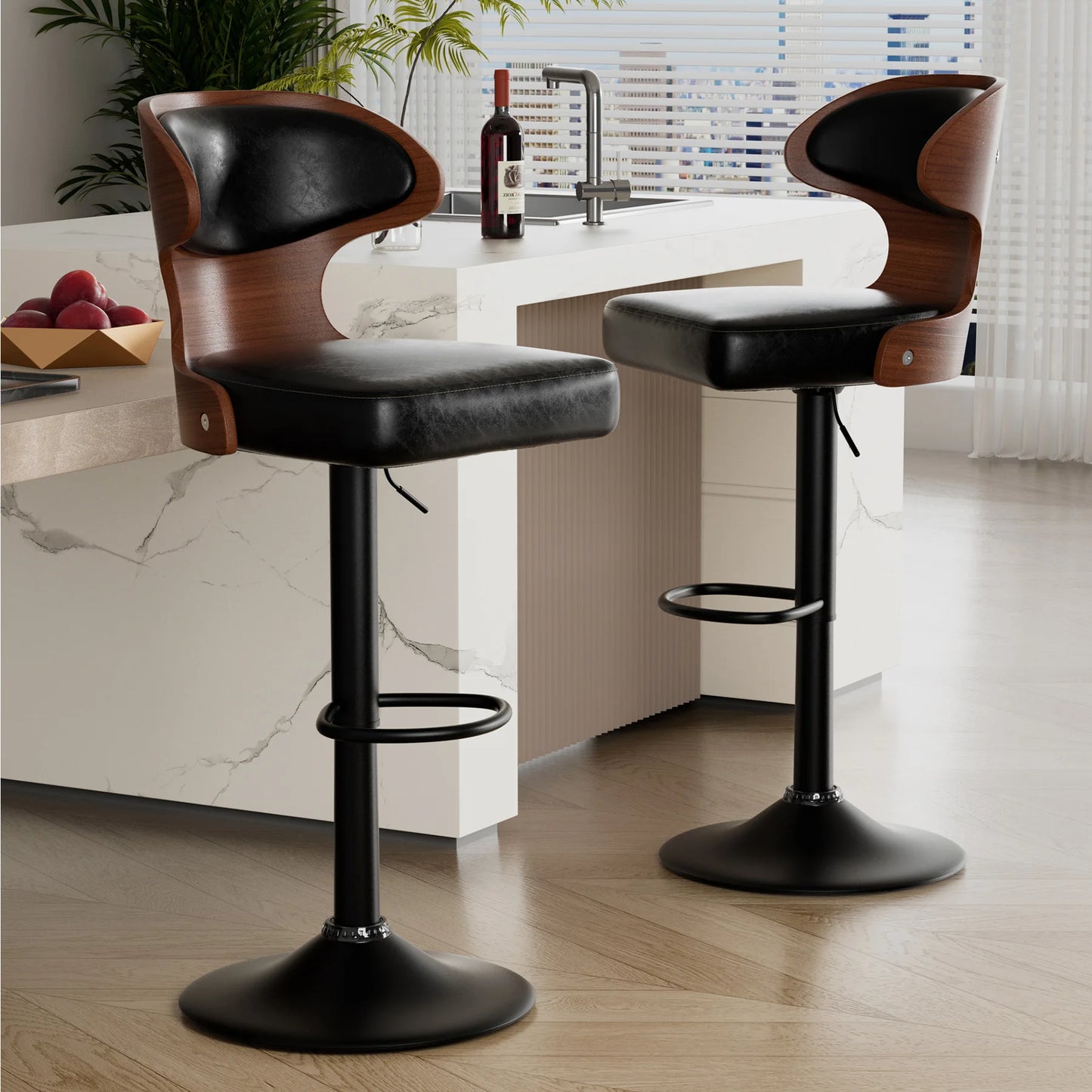 2 Pcs High Dining Chairs Rotatable Adjust Bar Chair Kitchen Living Room Soft Pack Backrest Waterproof Counter Chairs Furniture
