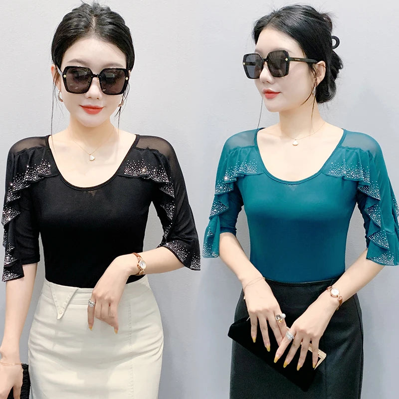 2025 Spring Summer Mesh Tops Korean Fashion Round Neck Patchwork Lotus Leaf Ruffles Shirt Hot Diamond Women T Shirt