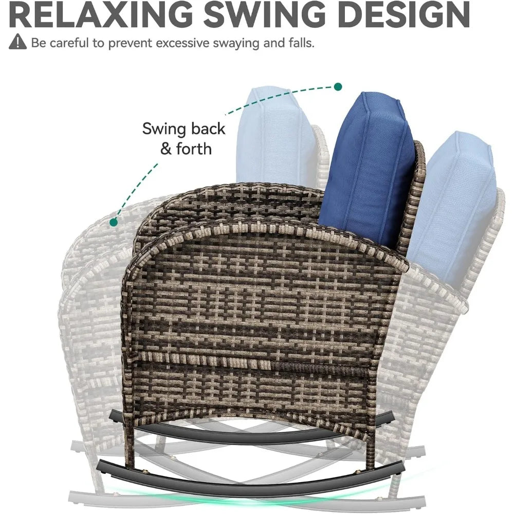 3-Piece Wicker Rocking Chair Set, Outdoor Patio Furniture Set with Plush Cushions, PE Rattan Bistro Set Including Side Table, D