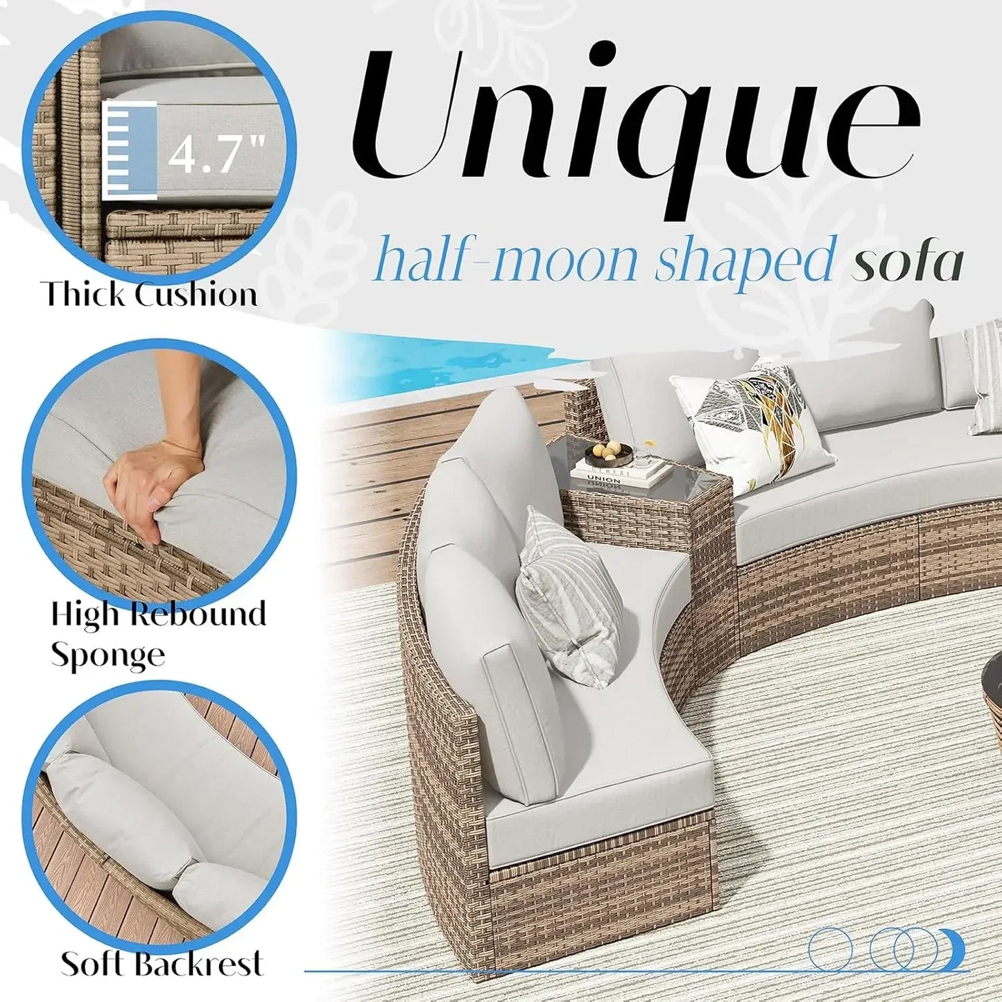 Patio Furniture Sets, 11 Piece Half-Moon Sectional Round Sofa Set, Outdoor Patio Furniture with Cushions & Wedge Table