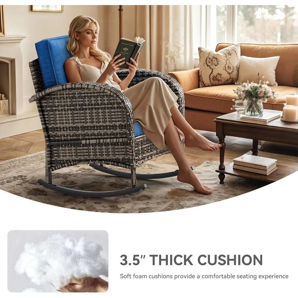 3-Piece Wicker Rocking Chair Set, Outdoor Patio Furniture Set with Plush Cushions, PE Rattan Bistro Set Including Side Table, D