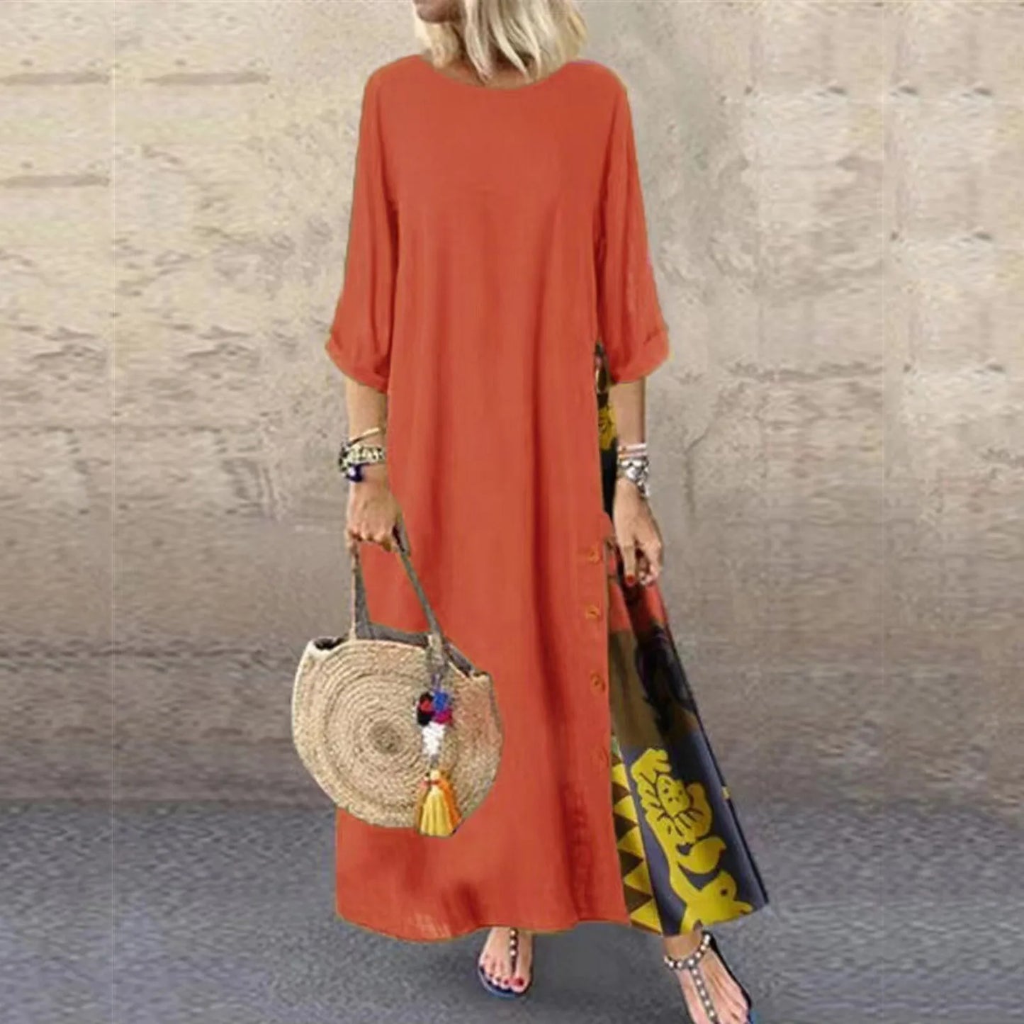 New Summer Fashion V-neck Printed Dress Women's Solid Color Pocket Casual Minimalist Beach Long Dress