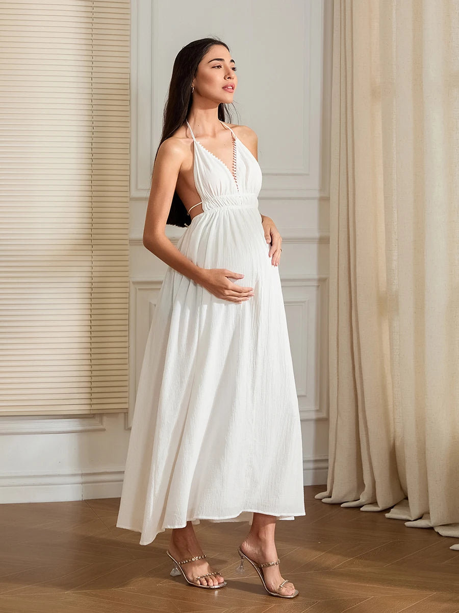 Elegant Maternity Maxi Dress Sleeveless Ruched Empire Waist Pregnancy Gown for Baby Shower Photoshoot Summer Clothes