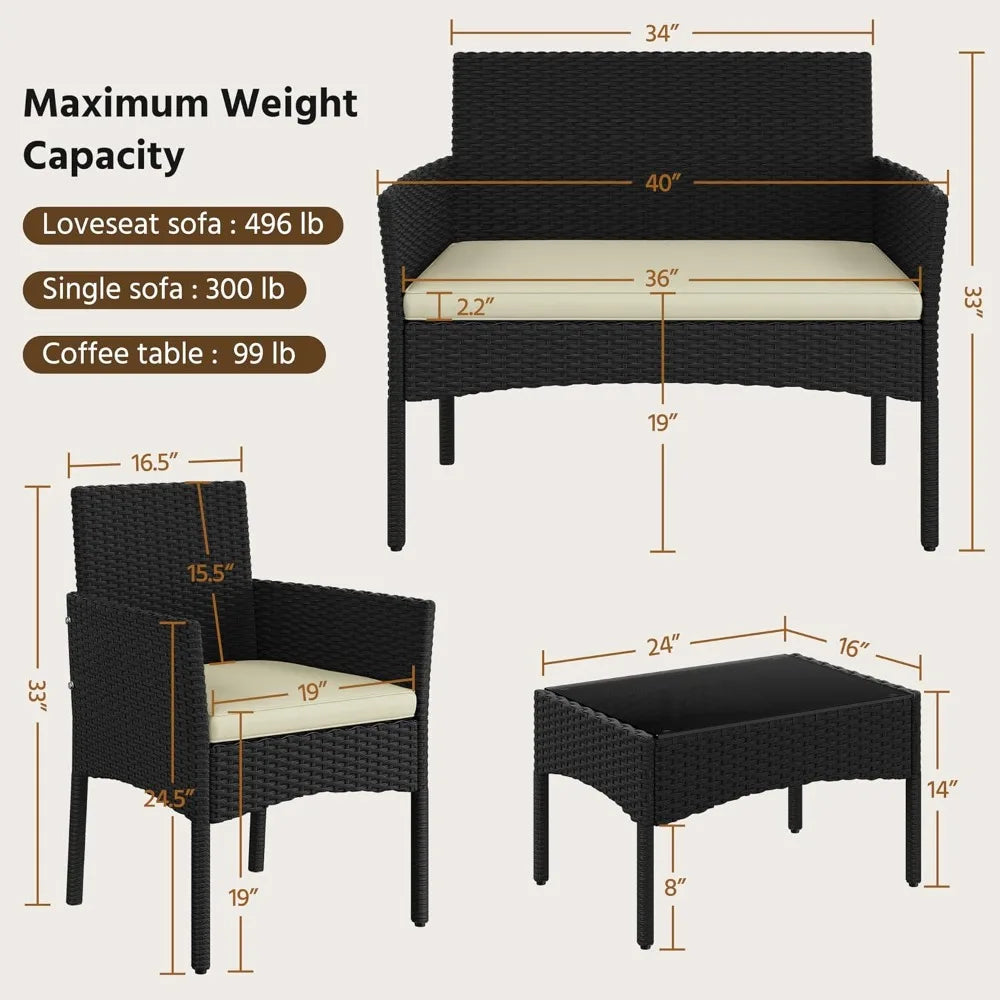 Patio Furniture Set 4 Pieces Conversation Sets, Rattan Chair Wicker Set Loveseat with Soft Cushion and Glass Table