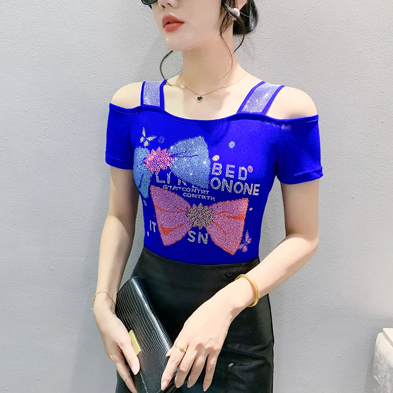 New Ladies Clothes Butterfly Letter Design T-Shirt Sexy Off Shoulder Shiny Diamonds Women Chic Mesh Tops Tees Shirts