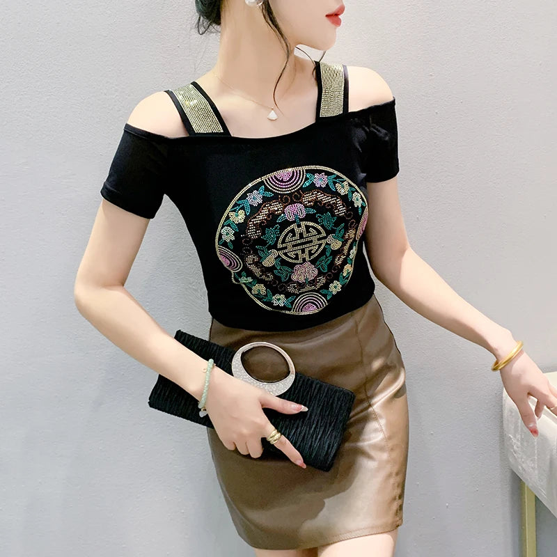 New Ladies Clothes Butterfly Letter Design T-Shirt Sexy Off Shoulder Shiny Diamonds Women Chic Mesh Tops Tees Shirts