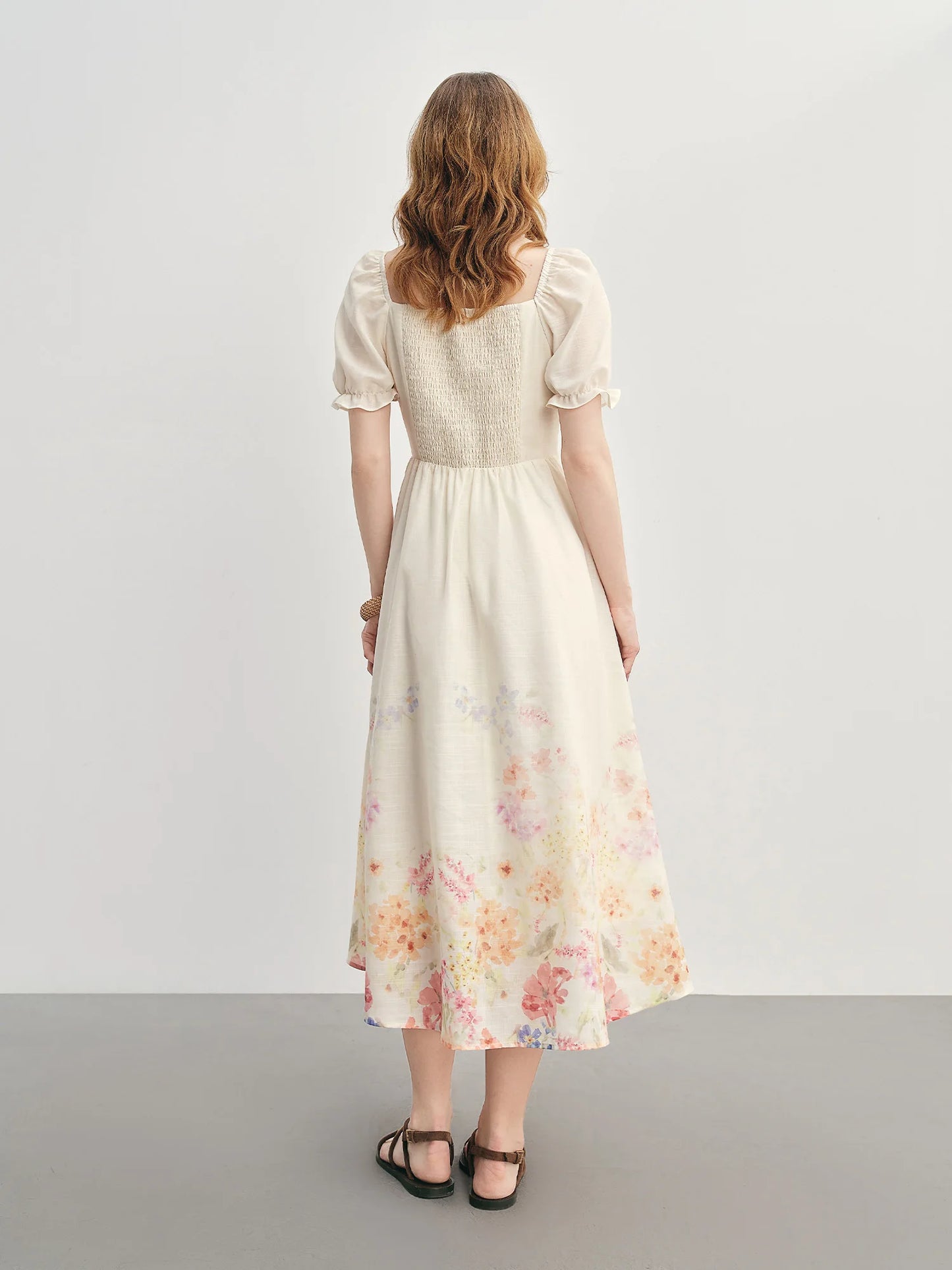 DUSHU Summer 2025 Textured Floral Dress - Regal Bubble Sleeve Fluid Silhouette Resort to Office