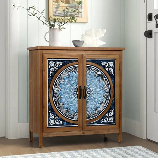 Popular 2-Door Accent Cabinet, Distressed Storage Cabinet with Blue and White Porcelain Pattern for Entryway Living Room
