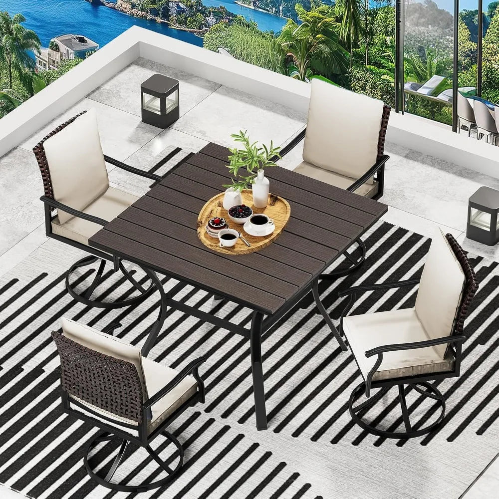 5 Piece Outdoor Patio Dining Set with 4 Swivel Dining Chairs & 1 Large Square Dining Table,Bistro Furniture Set for Lawn, Garde