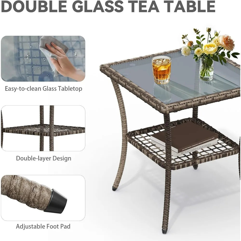 3-Piece Wicker Rocking Chair Set, Outdoor Patio Furniture Set with Plush Cushions, PE Rattan Bistro Set Including Side Table, D