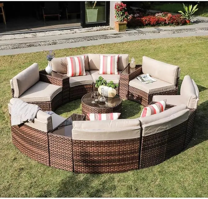 Outdoor Patio Furniture Set,13-Piece Round Sectional Sofa,with 4 Side Table and Pillows, Curved Wicker Sofa