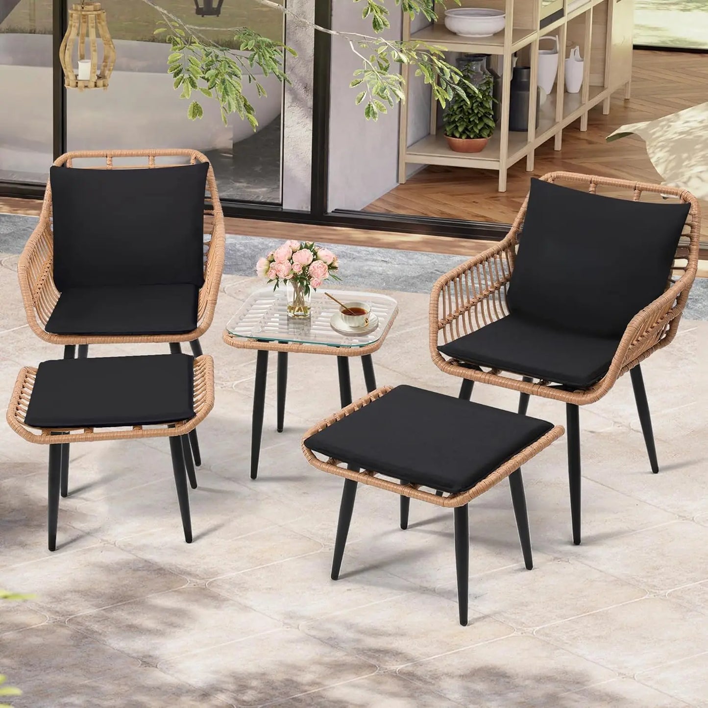 5 Piece Wicker Bistro Patio Conversation Furniture Set, Includes 2 Chairs, 2 Ottomans, and Side Table, Ideal for Porch, Balcony,