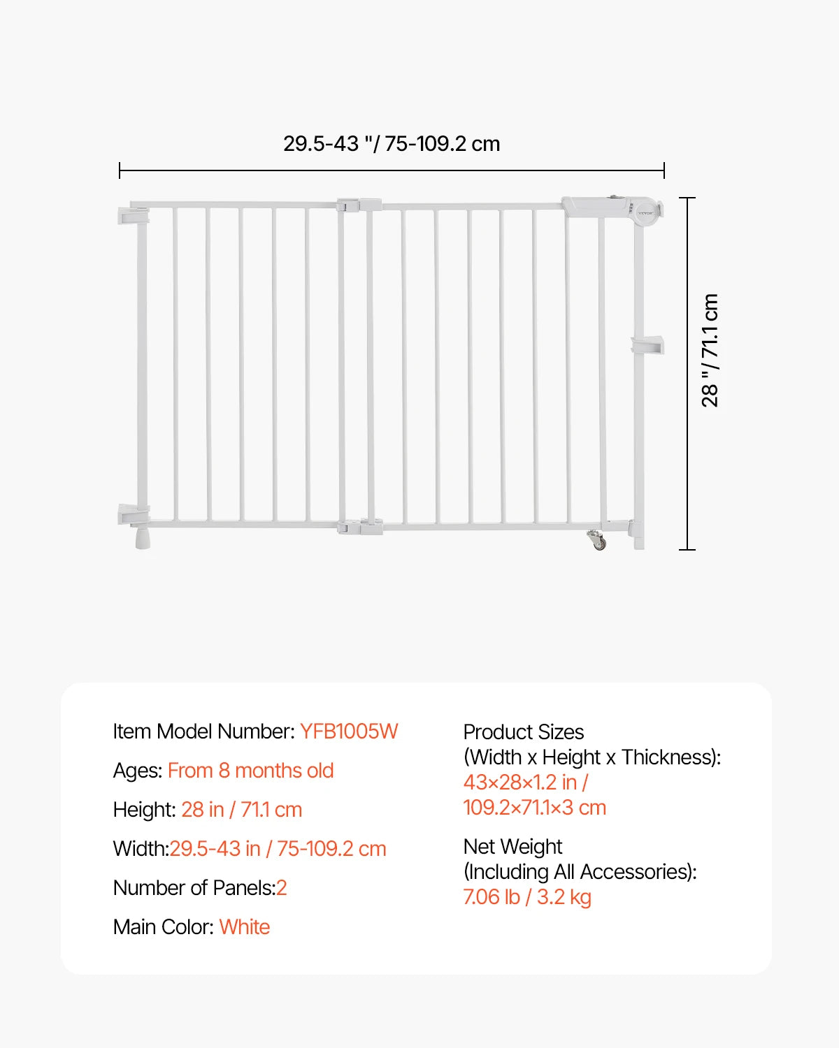 VEVOR Adjustable Baby Gate for Pets 29.5 to 43 Inches Wide Safety Barrier