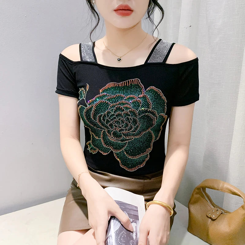 New Ladies Clothes Butterfly Letter Design T-Shirt Sexy Off Shoulder Shiny Diamonds Women Chic Mesh Tops Tees Shirts