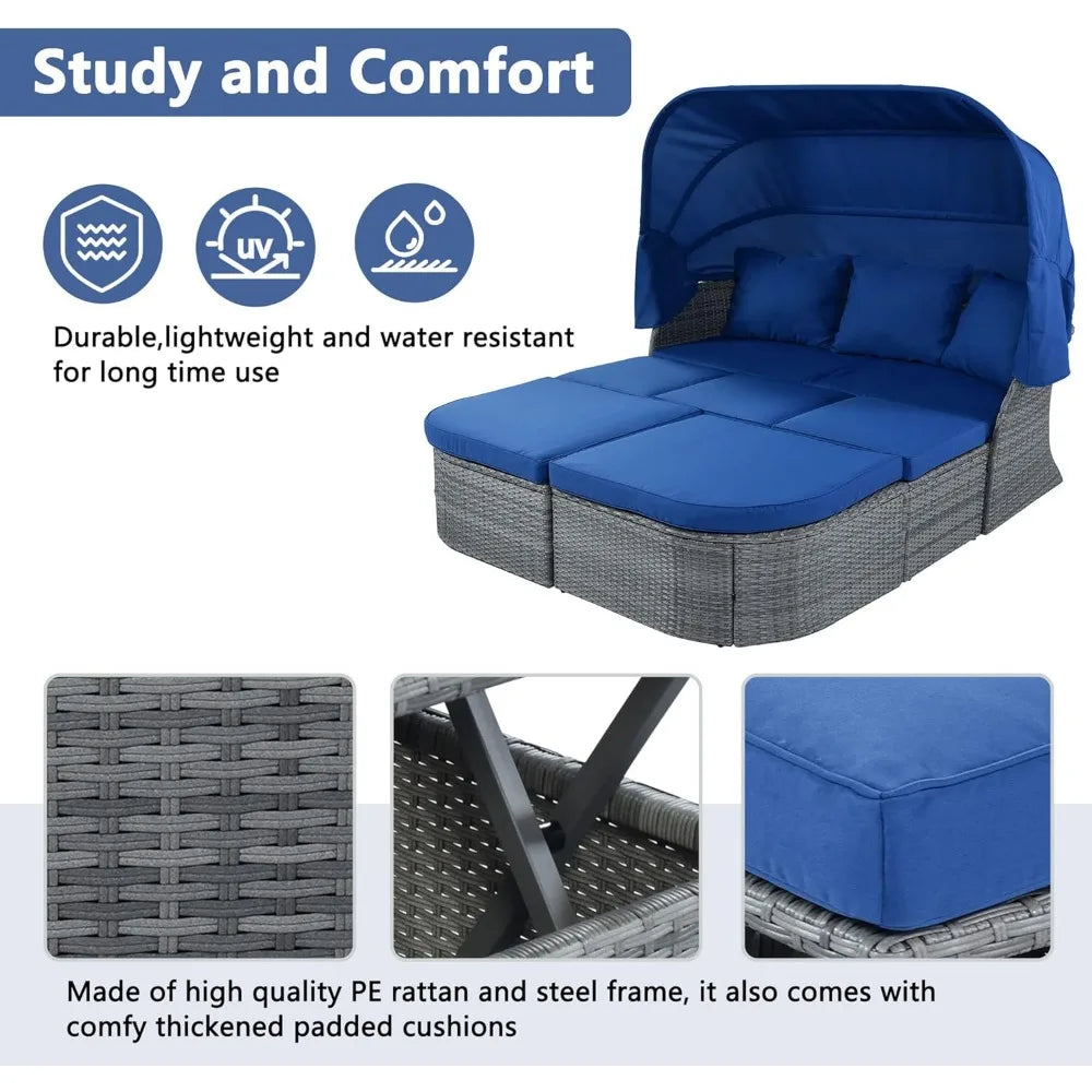 Patio Daybed with Retractable Canopy & Lift-top Table, Wicker Rattan Outdoor Furniture Conversation Set w/Upholstered