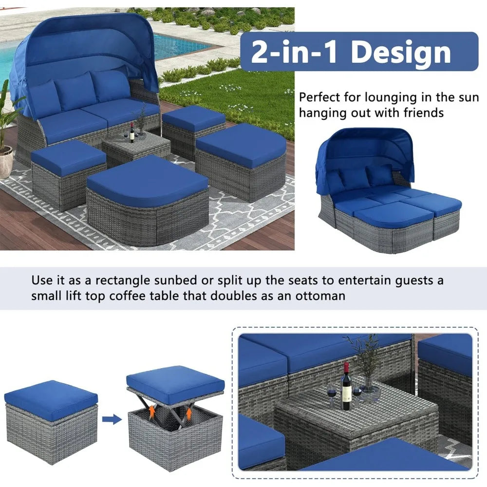 Patio Daybed with Retractable Canopy & Lift-top Table, Wicker Rattan Outdoor Furniture Conversation Set w/Upholstered
