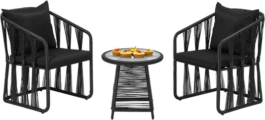 3 Piece Patio Rattan Bistro Set, Outdoor All Weather Wicker Furniture Chairs with Table and Soft Cushions, Modern Conve
