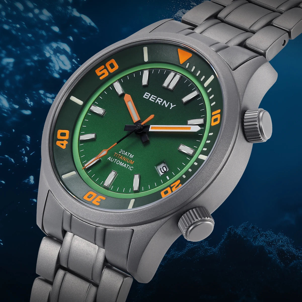 BERNY Men's Full Titanium Diver Watch with Luminous Sapphire and Miyota Movement