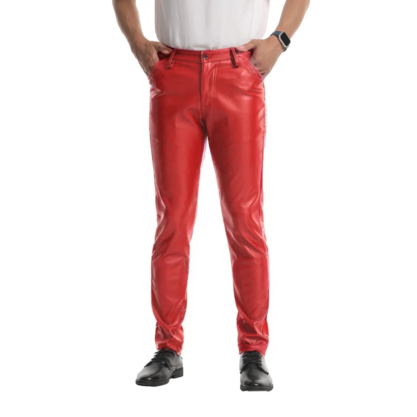 Men`s Party Stage Performance Business Slim Fit Five Pockets Faux Leather Pants Jeans