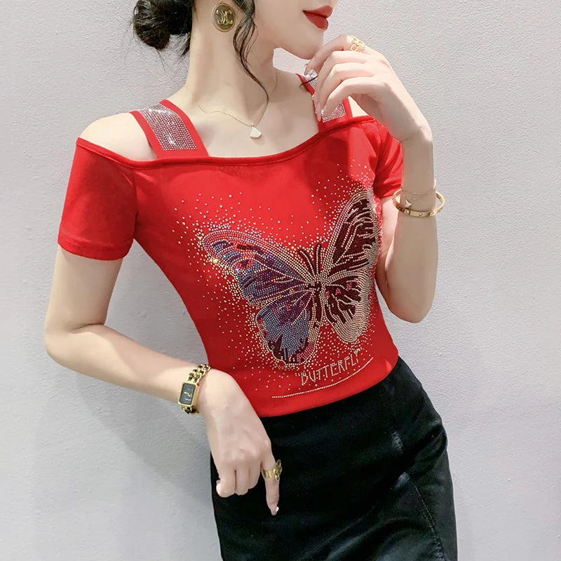 New Ladies Clothes Butterfly Letter Design T-Shirt Sexy Off Shoulder Shiny Diamonds Women Chic Mesh Tops Tees Shirts
