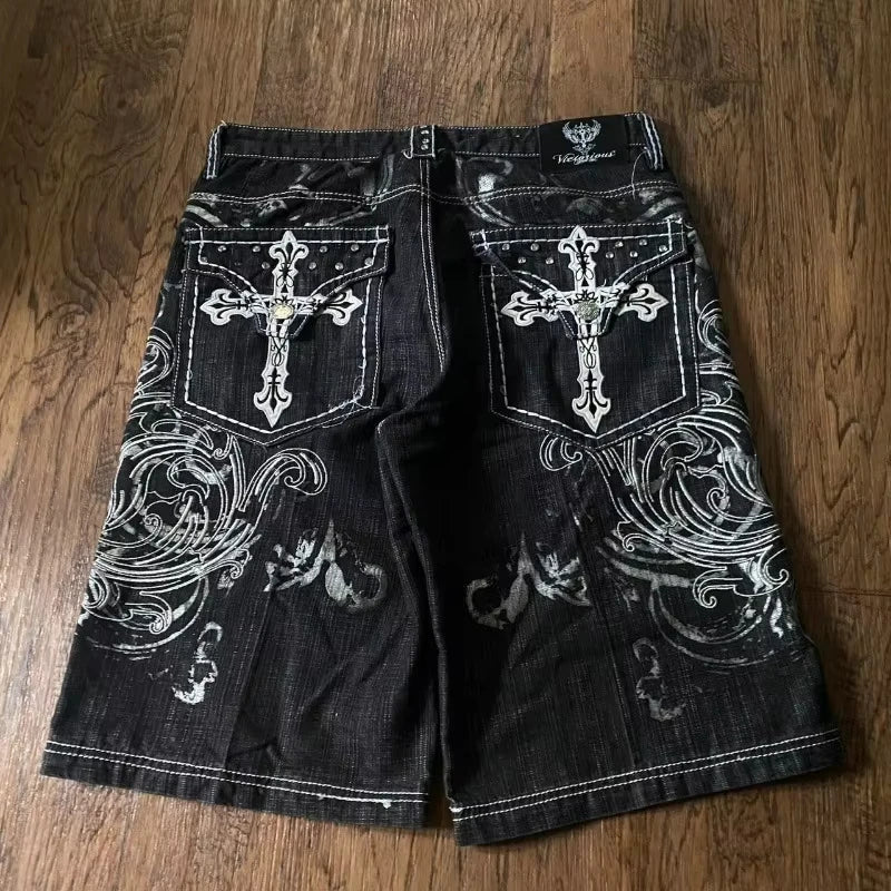 American Vintage Popular New Pattern Embroidery Baggy Denim Shorts Men Street Fashion Gothic Casual Joker Shorts Women Clothing