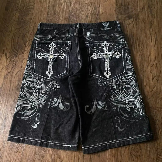 American Vintage Popular New Pattern Embroidery Baggy Denim Shorts Men Street Fashion Gothic Casual Joker Shorts Women Clothing