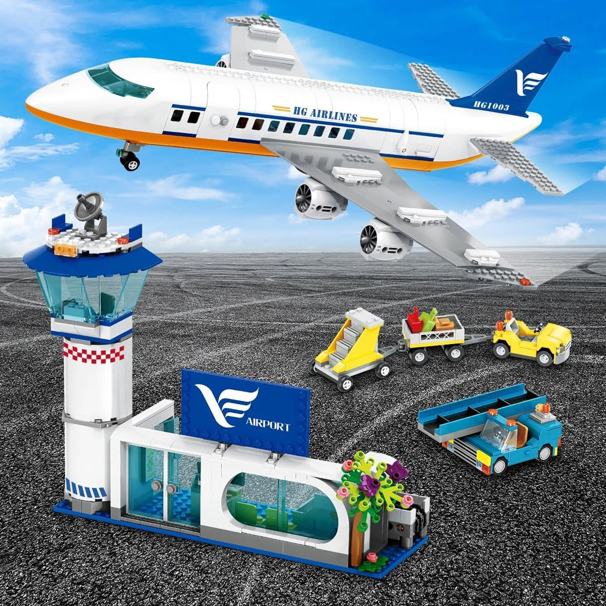 HOGOKIDS  Airplane Building Set with LED, Plane Building Blocks with Airport Terminal Luggage Trailer Toys Gifts for Kids Age 6+