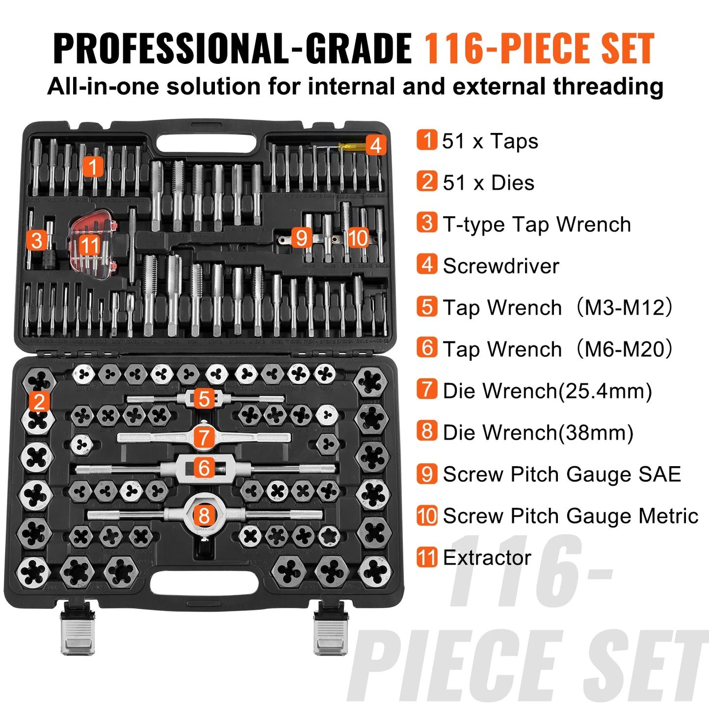VEVOR 116 Piece Tap and Die Set Metric and SAE Bearing Steel Threading Tools