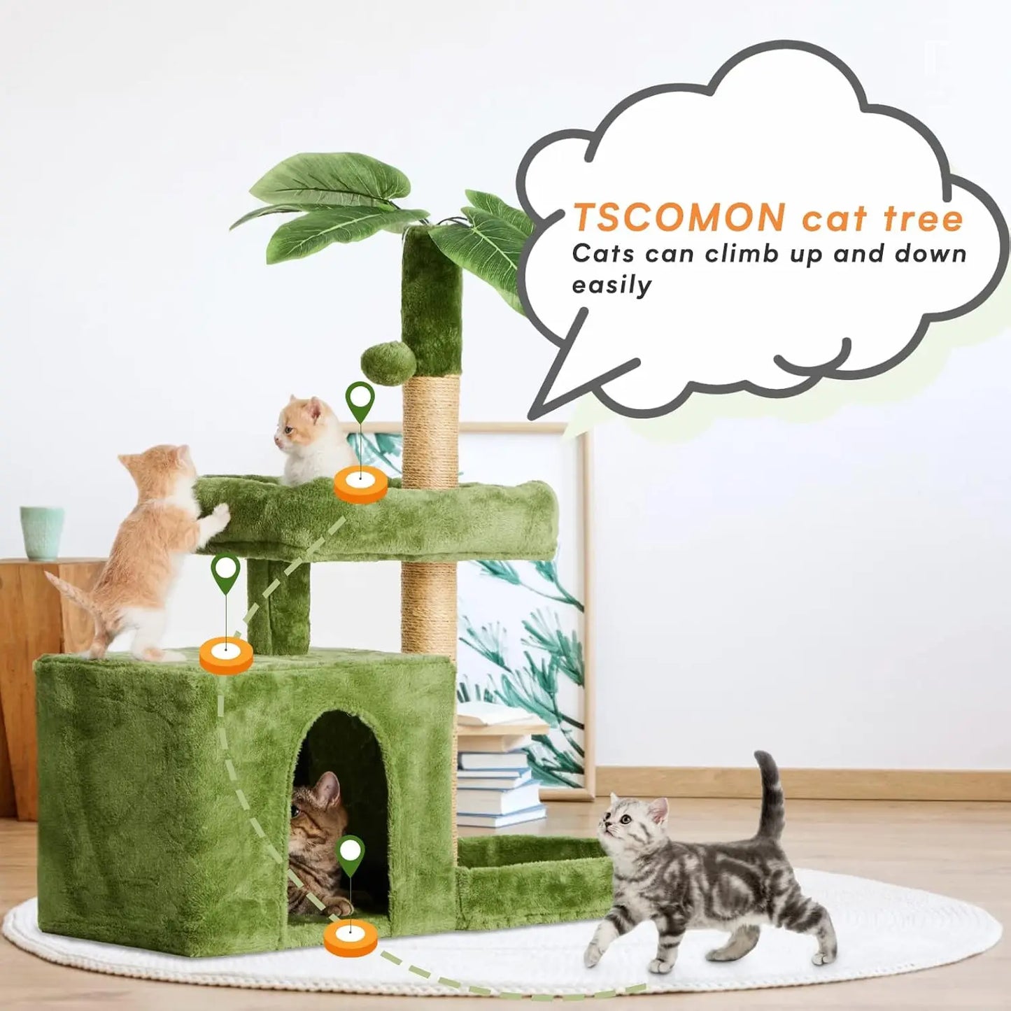 31.5 Inch Cat Tower with Leaf Design Cozy Plush Cat Condo for Indoor Cats