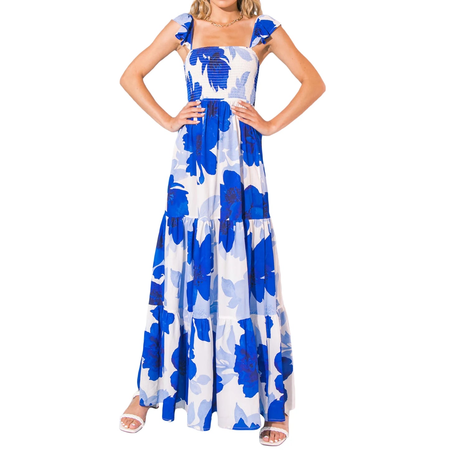 Elegant Floral Print Maxi Dress with Flutter Sleeves Deep V-Neckline and Open Back Design for Women s Summer Beachwear