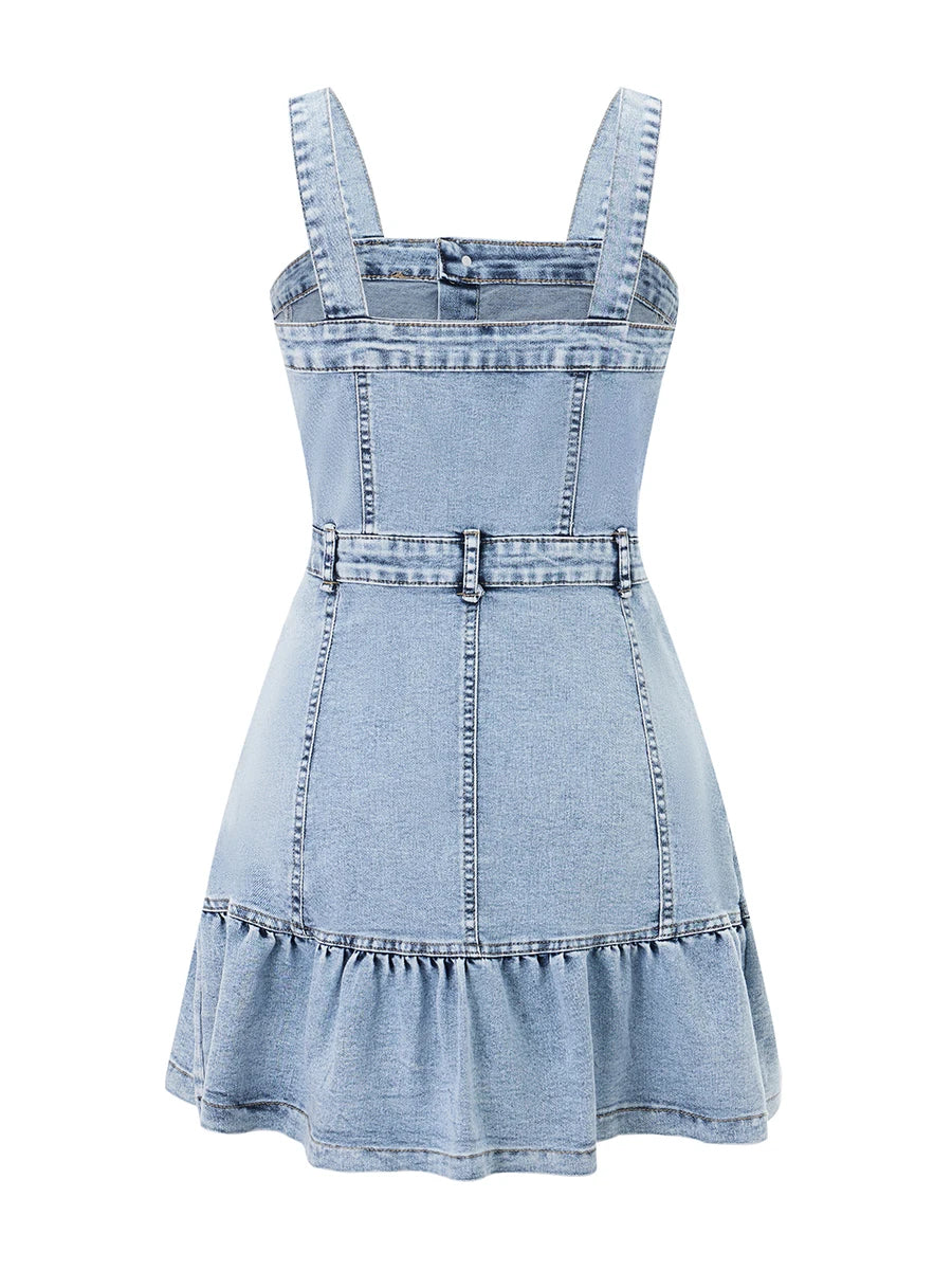 Women s Sleeveless Denim Jumpsuit with Button Up Front and Square Neckline Solid Color Overall Mini Dress for Summer Beachwear