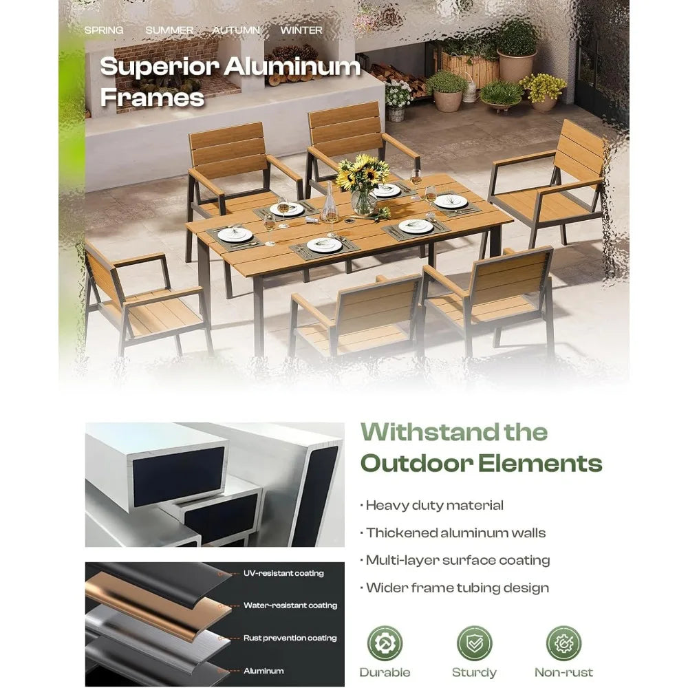 Outdoor Dining Set for 6, Patio Table and Chairs Set with Umbrella Hole, 7 Pieces HDPS Outdoor Furniture Sets for Patio, Garden,