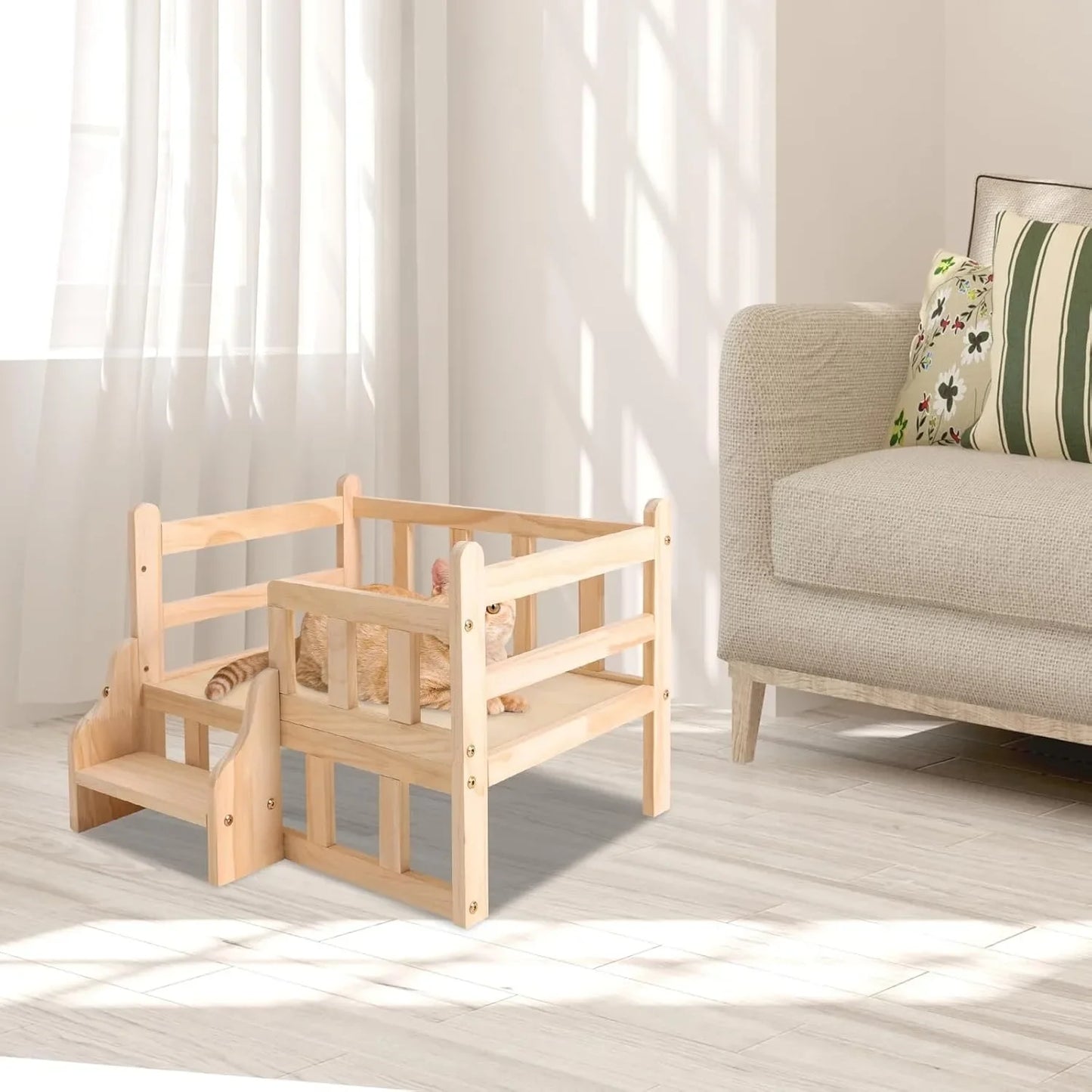 Solid Wood Elevated Pet Bed for Cats and Small Dogs in Natural Pine Finish