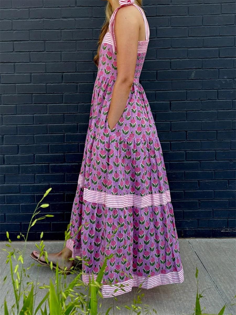 Elegant Maxi Dress with Boho Floral Print and Adjustable Tie-Up Straps Sleeveless Summer Fashion Cami Dress for Women