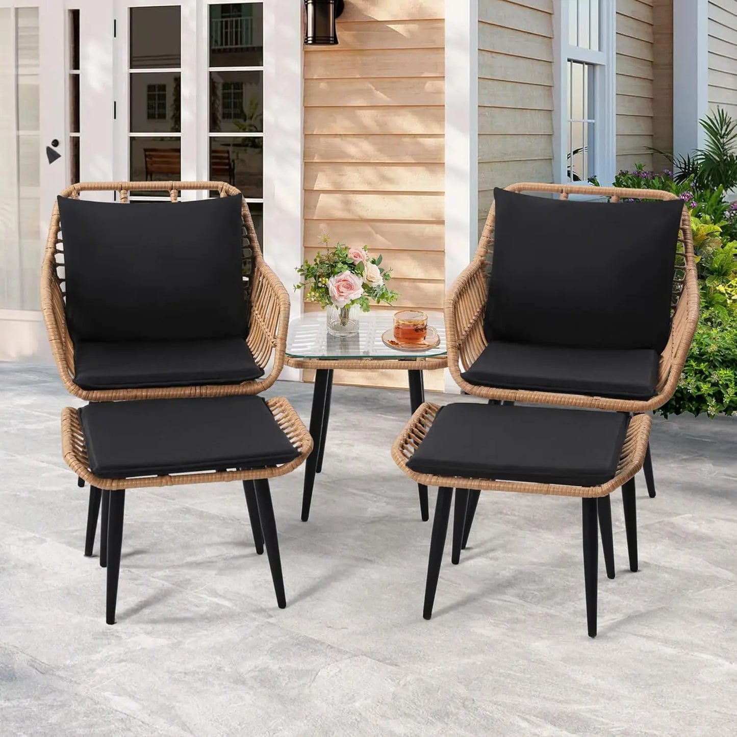 5 Piece Wicker Bistro Patio Conversation Furniture Set, Includes 2 Chairs, 2 Ottomans, and Side Table, Ideal for Porch, Balcony,