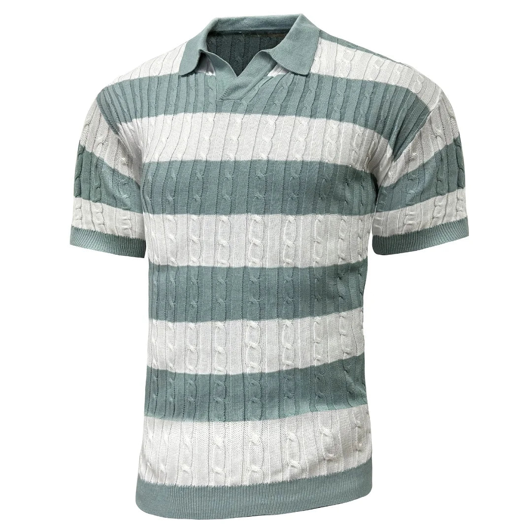 Men's Polo Short Sleeve Retro Knit Lapel Striped Short Sleeve Fashion Popular Knitwear Casual Breathable Top US Size