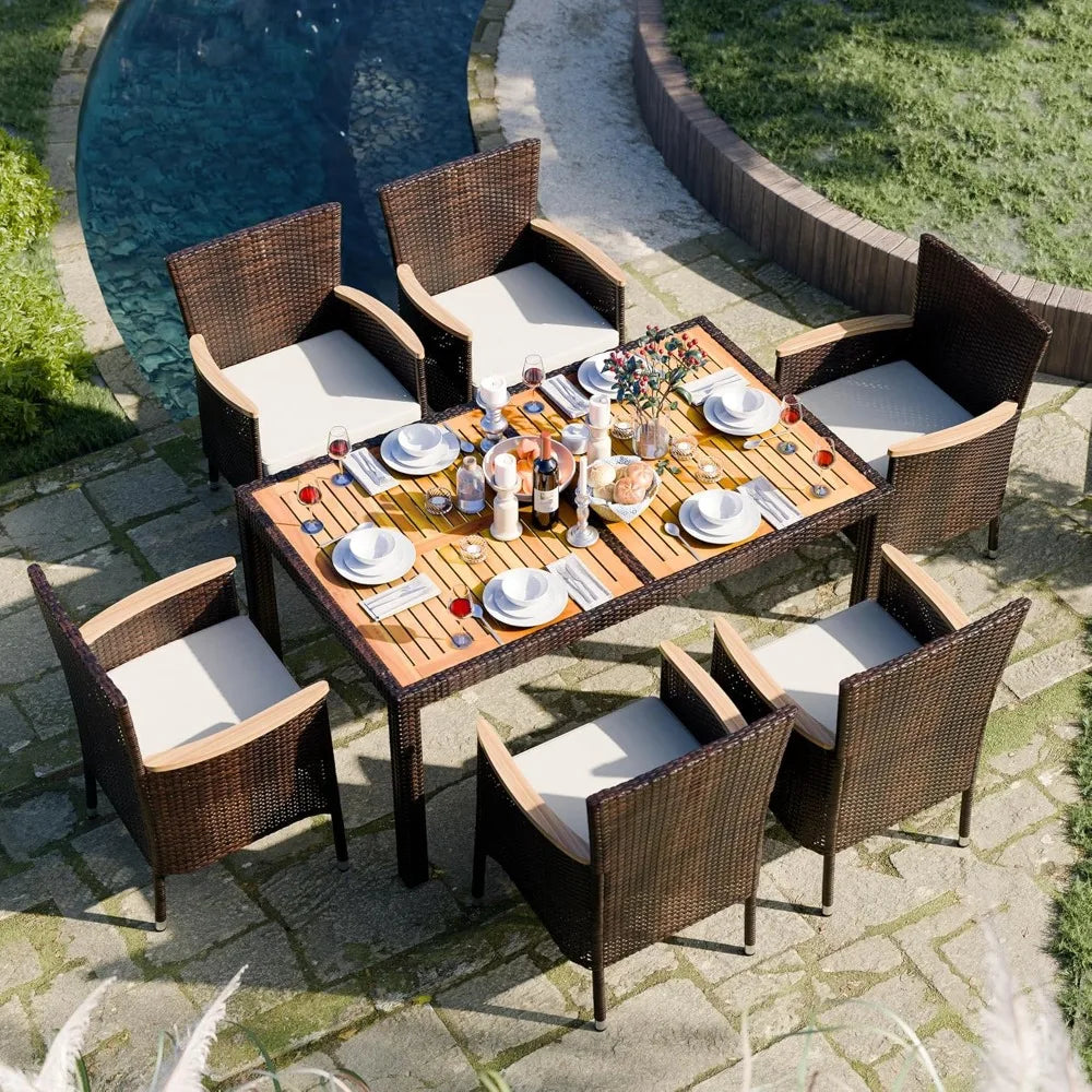 Wicker Patio Furniture Set with Wood Table and 6 Chairs with Soft Cushions for Yard, Garden, 7 Pieces Outdoor Patio Dining Set