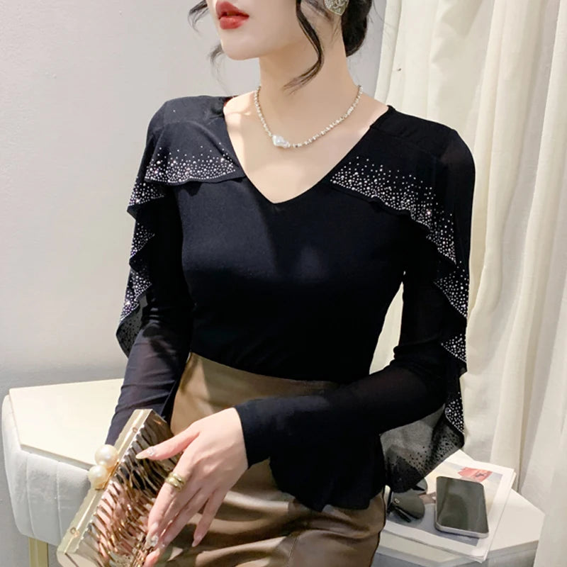 2025 Spring Summer Mesh Tops Korean Fashion Round Neck Patchwork Lotus Leaf Ruffles Shirt Hot Diamond Women T Shirt