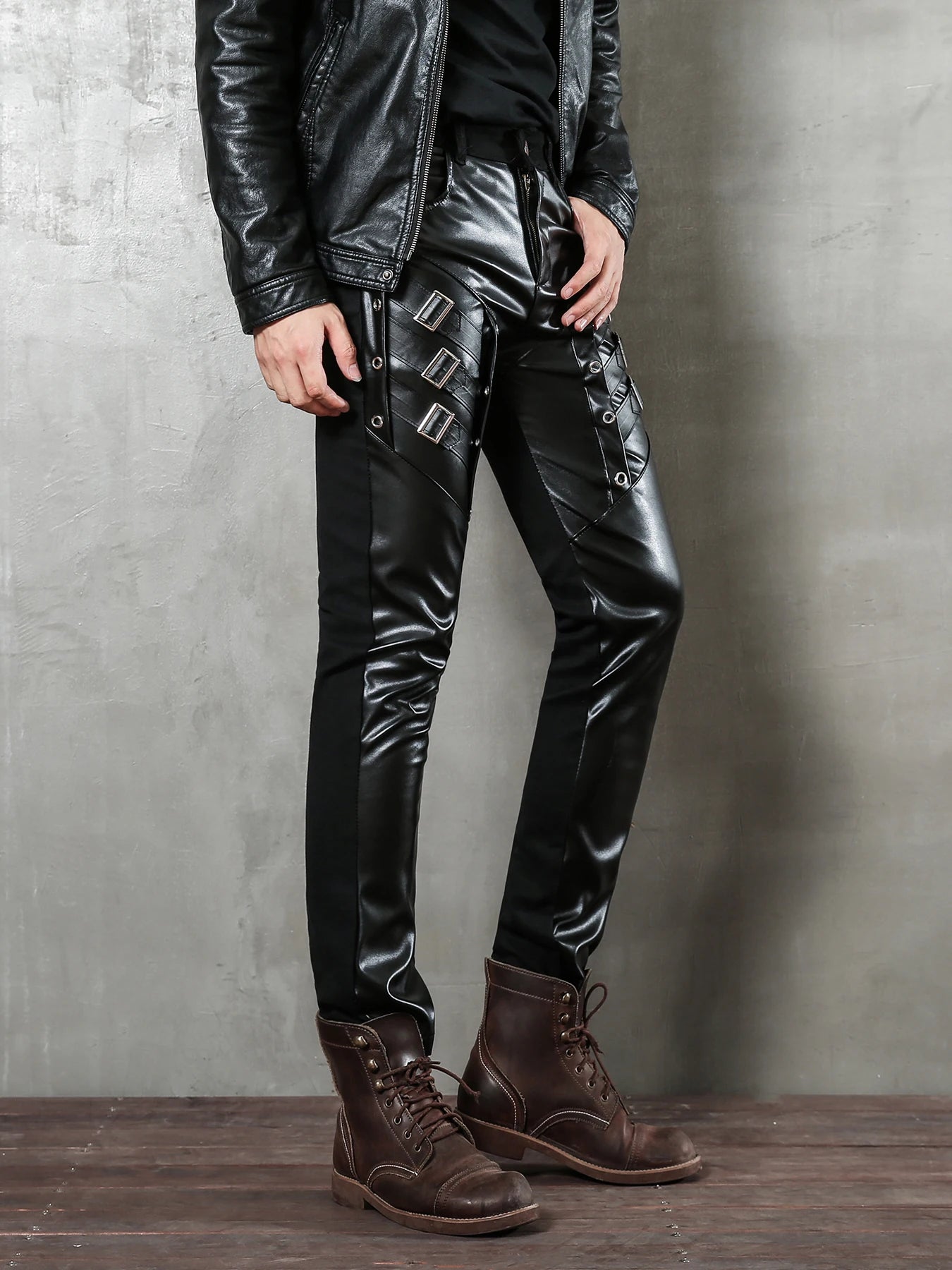 Men`s Motorcycle  Hip Hop Slim Fit Soft PU Faux Night Club Dance party Leather Biker Pants