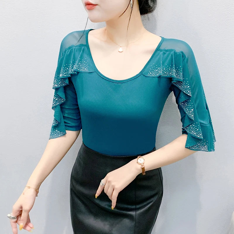 2025 Spring Summer Mesh Tops Korean Fashion Round Neck Patchwork Lotus Leaf Ruffles Shirt Hot Diamond Women T Shirt